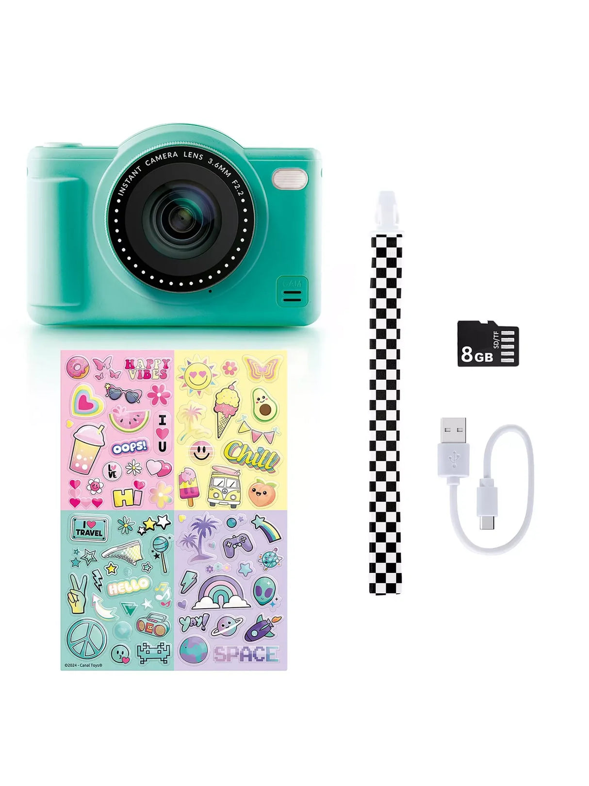 Green Photo Creator camera with stickers, strap, USB cable, and 8GB memory card arranged on a white background