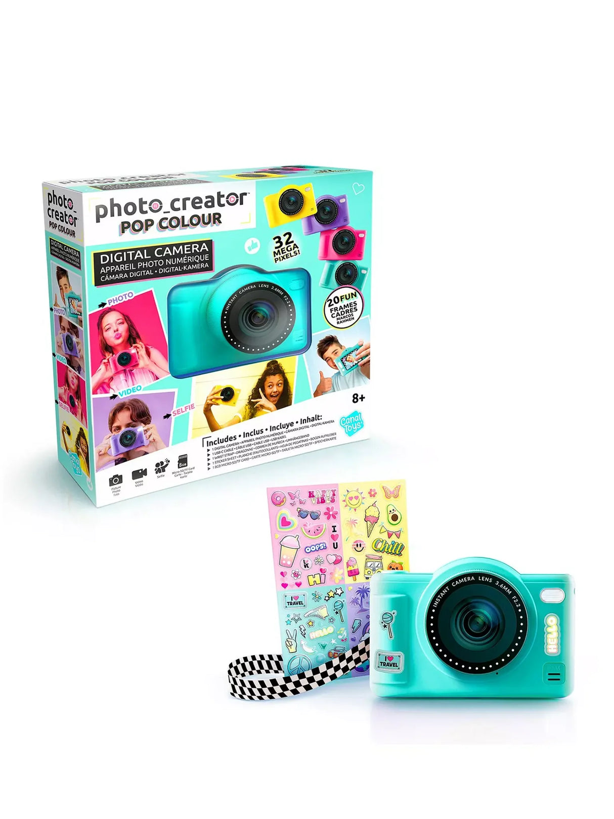 Green Photo Creator Pop Colour camera shown with box, stickers, strap, and accessories on a white background