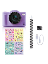Purple Photo Creator camera with stickers, strap, USB cable, and 8GB memory card arranged on a white background