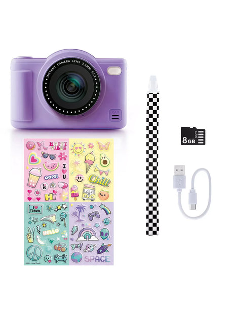 Purple Photo Creator camera with stickers, strap, USB cable, and 8GB memory card arranged on a white background