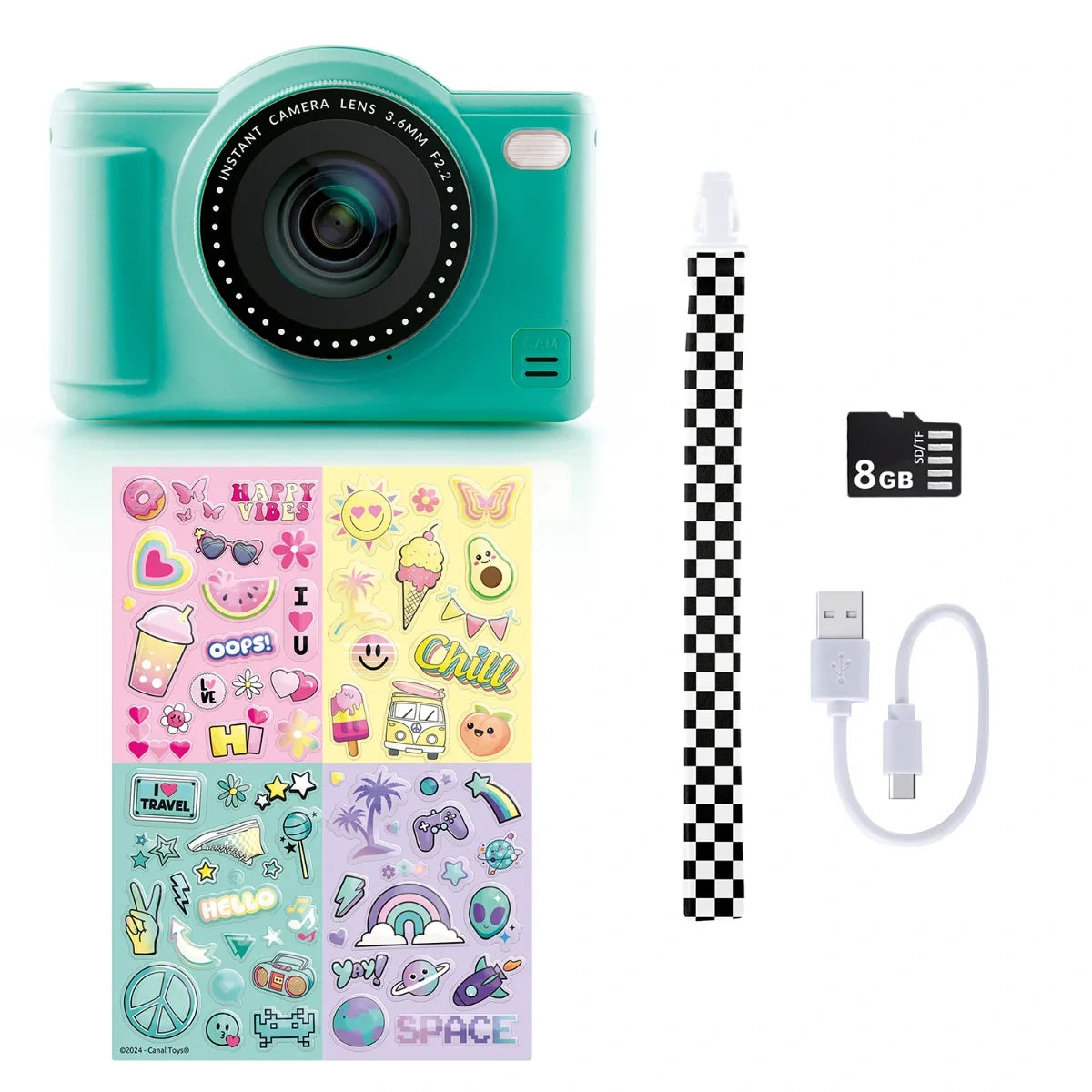 Photo Creator Pop Colour green digital camera displayed with four sheets of colourful stickers, a black and white chequered strap, an 8GB microSD card and a white USB-C charging cable.
