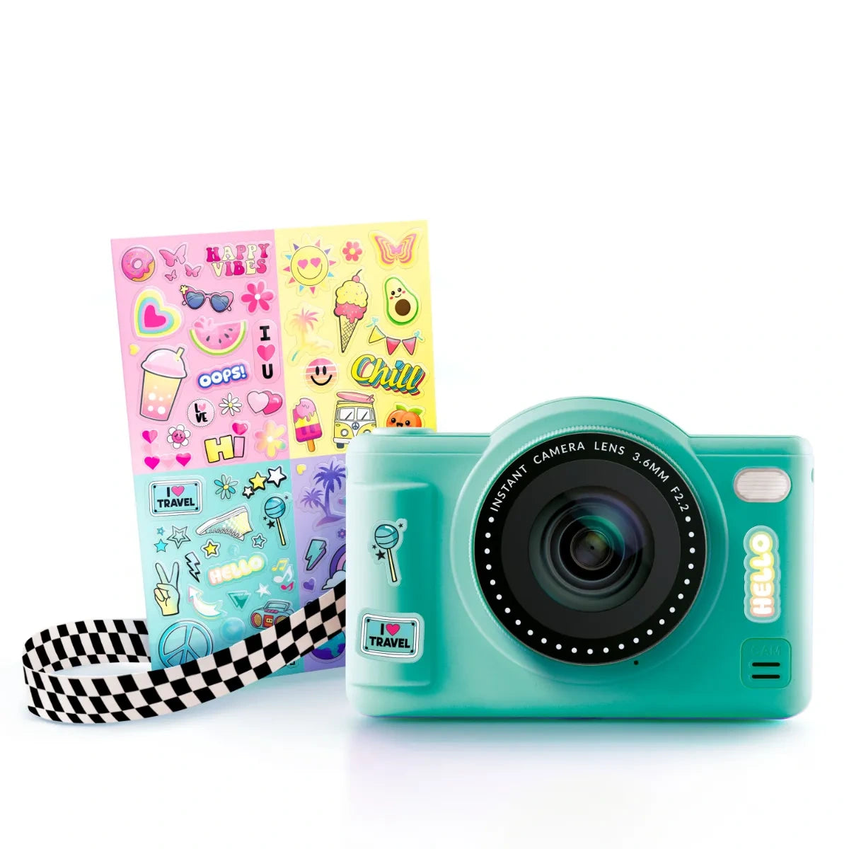 Green Photo Creator Pop Colour camera decorated with colourful Hello and Travel stickers, displayed with sheets of illustrated stickers and a black and white chequered strap.