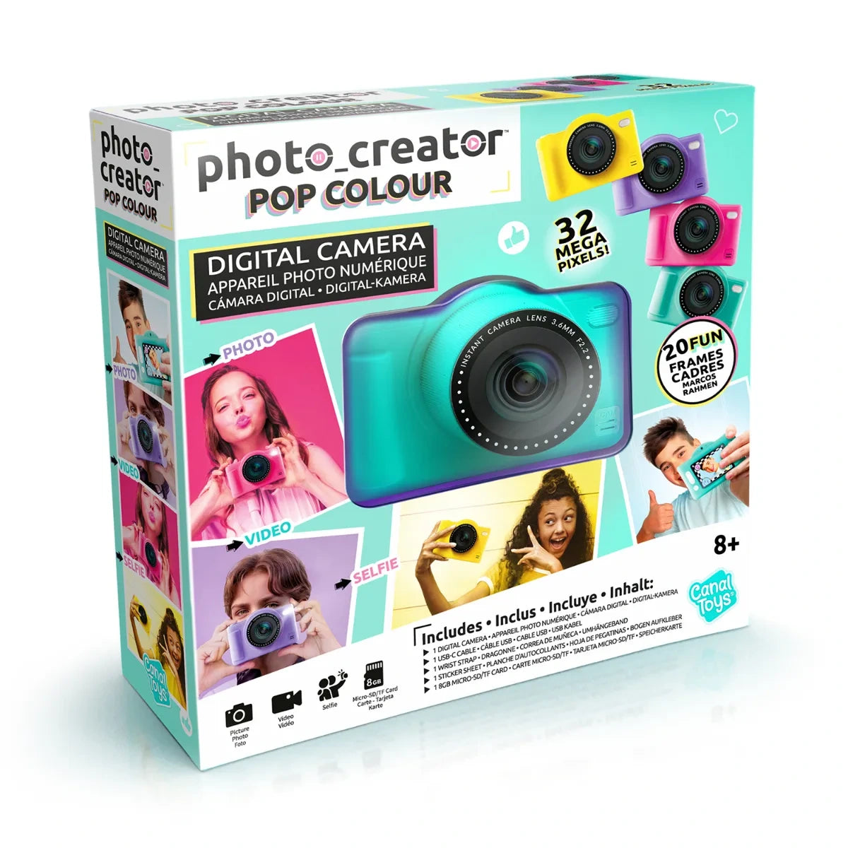 Photo Creator Pop Colour green digital camera retail box showing the turquoise camera, examples of children using the camera, four camera colours and printed 32 megapixel and 20 fun frames features.