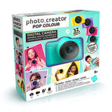 Photo Creator Pop Colour green digital camera retail box showing the turquoise camera, examples of children using the camera, four camera colours and printed 32 megapixel and 20 fun frames features.