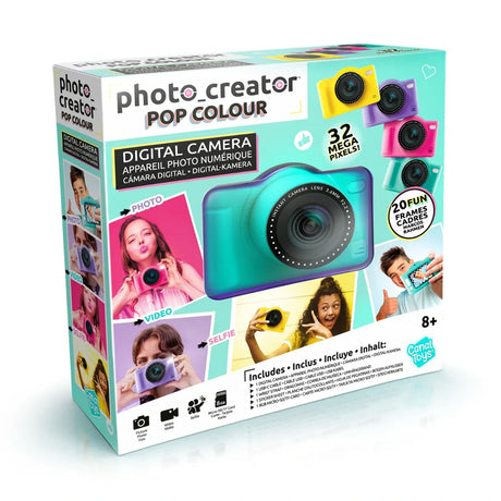 Photo Creator Pop Colour green digital camera retail box showing the turquoise camera, examples of children using the camera, four camera colours and printed 32 megapixel and 20 fun frames features.