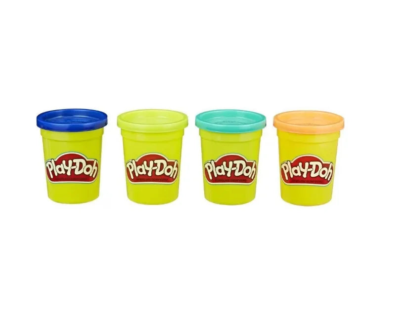 Lineup of four Play-Doh tubs with coloured lids on white background – Ireland