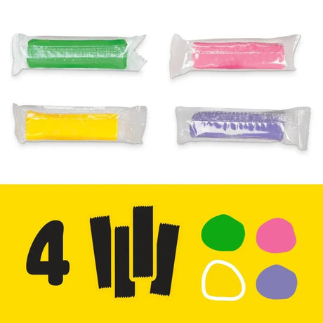 Four Play-Doh sticks from the Disney Junior Happy Stackable set in green, pink, yellow and purple