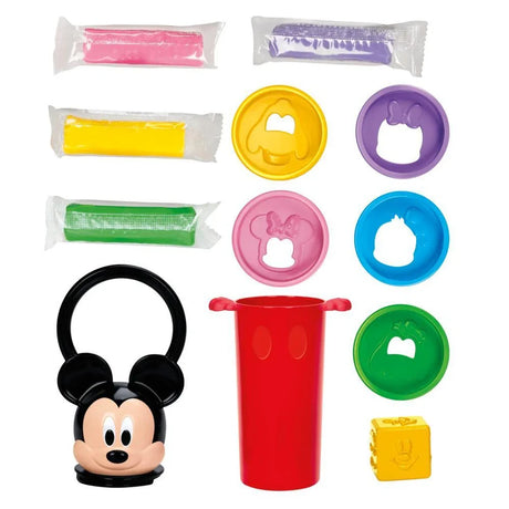 Play-Doh Disney Junior Happy Stackable set contents with Mickey stamper, red stacking container, stampers, face block and four Play-Doh sticks