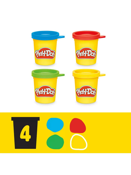 Four Play-Doh tubs from the Disney Junior Shape A Story set with blue, red, green and yellow lids