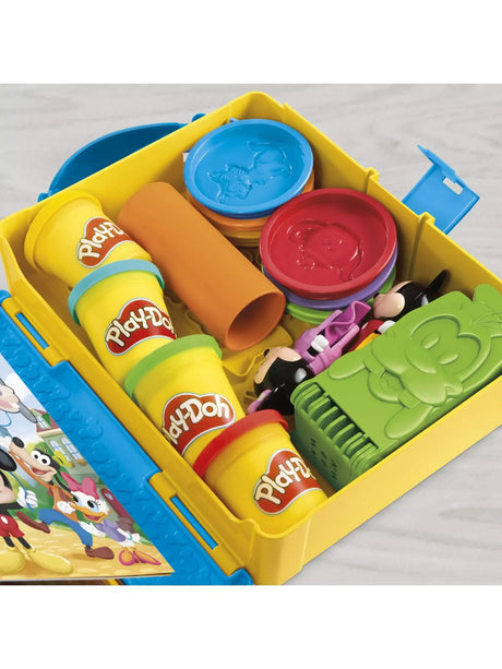 Play-Doh Disney Junior Shape A Story open yellow carry case with tools, character pieces and four Play-Doh tubs