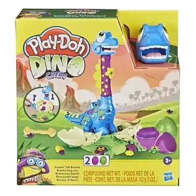 Front packaging of Play-Doh Growin' Tall Bronto set featuring blue dinosaur and two eggs – Ireland