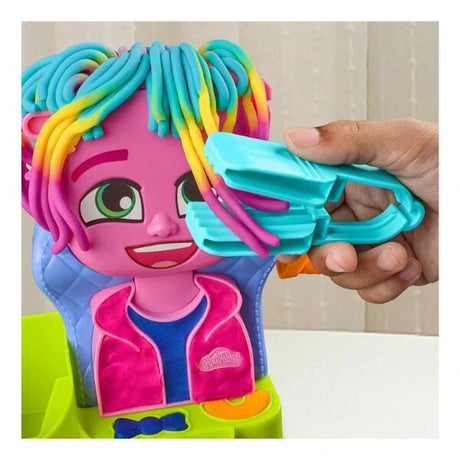 Play-Doh Hair Stylin' Salon styling head with rainbow Play-Doh hair and blue crimping tool