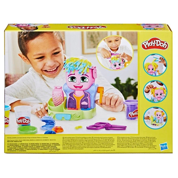 Back of the Play-Doh Hair Stylin' Salon Playset box showing child using the set and hairstyle feature images