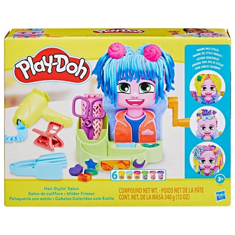 Play-Doh Hair Stylin' Salon Playset in retail box with hairstyle examples and six Play-Doh cans