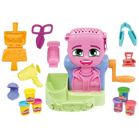 Play-Doh Hair Stylin' Salon Playset with styling head, tools, moulds and six Play-Doh cans on white background