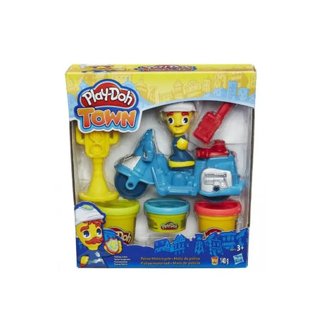 Box packaging of Play-Doh Town Police Motorcycle set showing all included items – Ireland