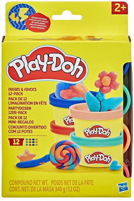 Front of the Play-Doh Treats and Party Favours 12 Pack box showing 2+ age mark