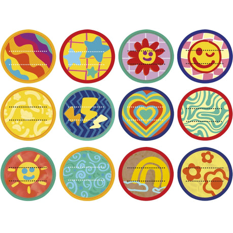Sheet of twelve colourful round stickers for Play-Doh can lids