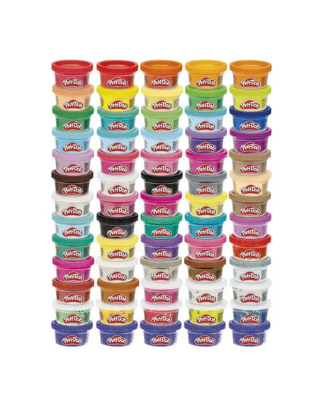Spread of Play-Doh Ultimate Color Collection tubs arranged by colour on flat surface – Ireland