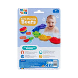 Back of the Play Tots Bath Stacking Boats packaging showing a baby, five colourful boats and illustrated stacking, floating and linking features 