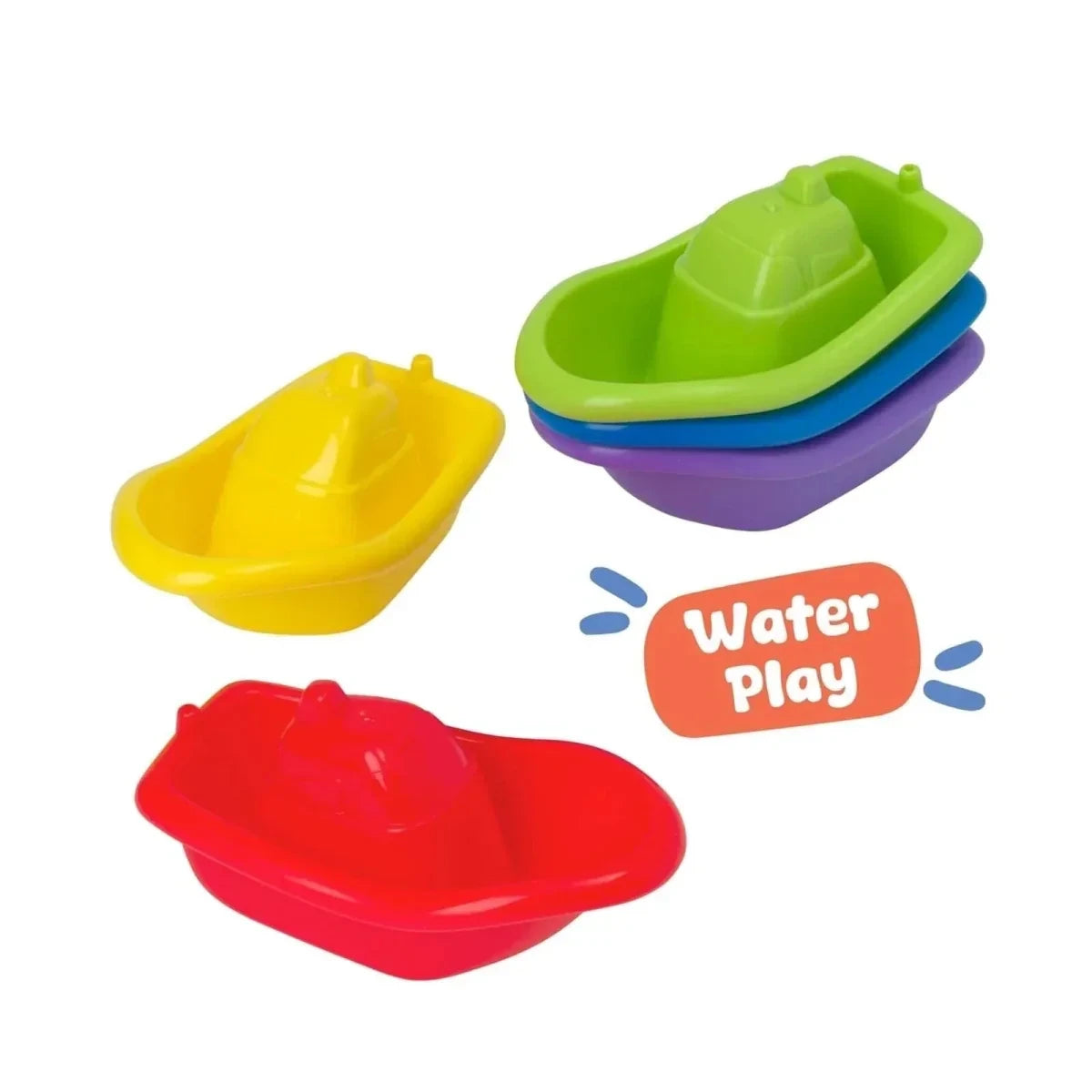 Five Play Tots bath boats with the green, blue and purple boats stacked and the yellow and red boats arranged separately