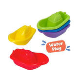 Five Play Tots bath boats with the green, blue and purple boats stacked and the yellow and red boats arranged separately