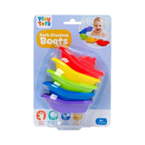 Front of the Play Tots Bath Stacking Boats packaging with five stacked red, yellow, green, blue and purple boats and a baby playing with the boats