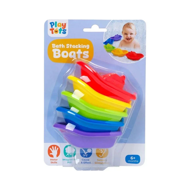 Front of the Play Tots Bath Stacking Boats packaging with five stacked red, yellow, green, blue and purple boats and a baby playing with the boats