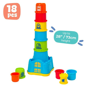 Tall Play Tots Castle Nesting Stacker built from blue, green, yellow, red and orange cups, with loose cups and a yellow block beside the blue castle base