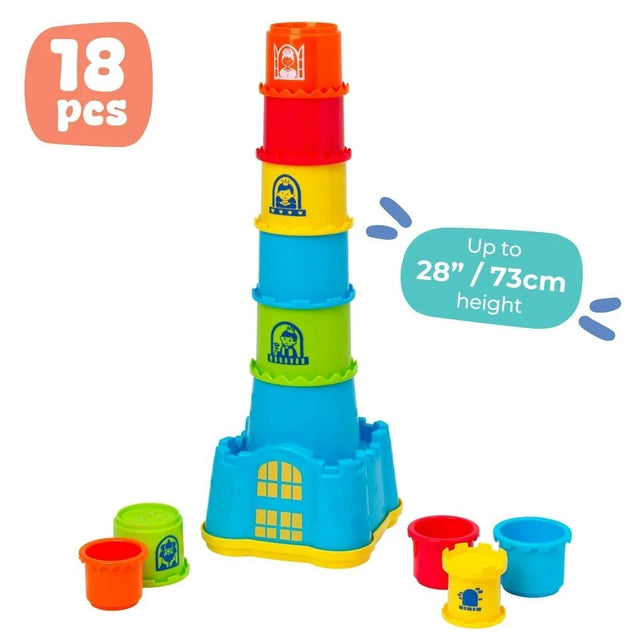 Tall Play Tots Castle Nesting Stacker built from blue, green, yellow, red and orange cups, with loose cups and a yellow block beside the blue castle base