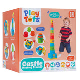 Front and side of the Play Tots Castle Nesting Stacker box showing the multicoloured castle tower, nesting cups, shape sorter, storage base and a child beside the built tower