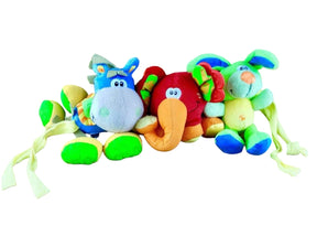 Playgro pram and stroller tie activity toy with blue horse, red elephant, and green rabbit plush characters attached along a fabric tie