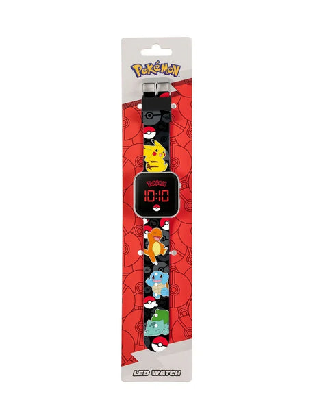 Pokémon LED black watch in retail packaging showing red background and printed character strap in Ireland.