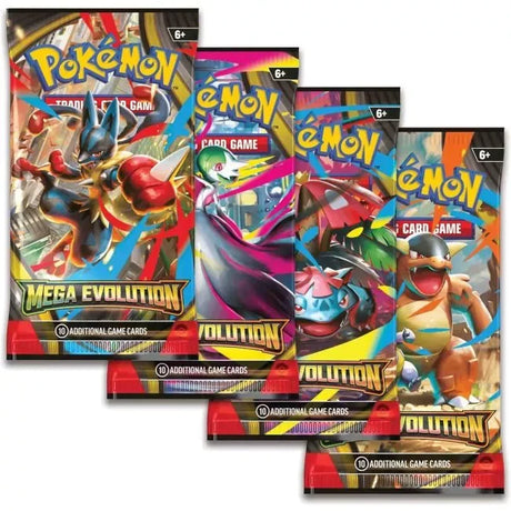 Pokémon Mega Evolution Booster Pack artwork featuring Mega Lucario, Gardevoir, Venusaur, and Blastoise designs in Ireland