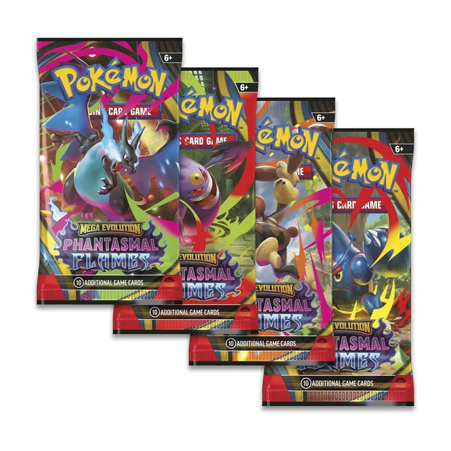 Pokémon Phantasmal Flames booster pack featuring Mega Charizard X artwork with vivid fire tones