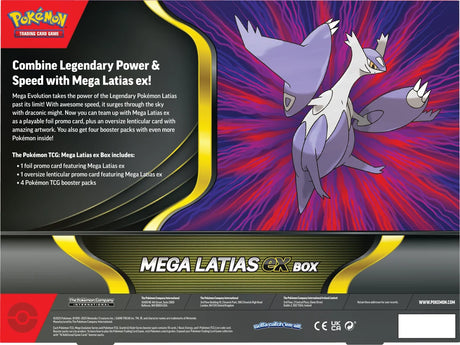 Back of Pokémon Mega Latias EX Box showing product details and included contents