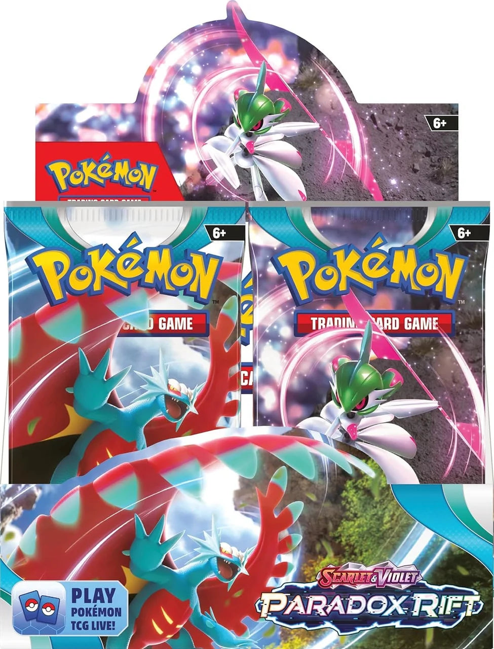 Paradox Rift Pokemon booster display box filled with neatly stacked sealed booster packs