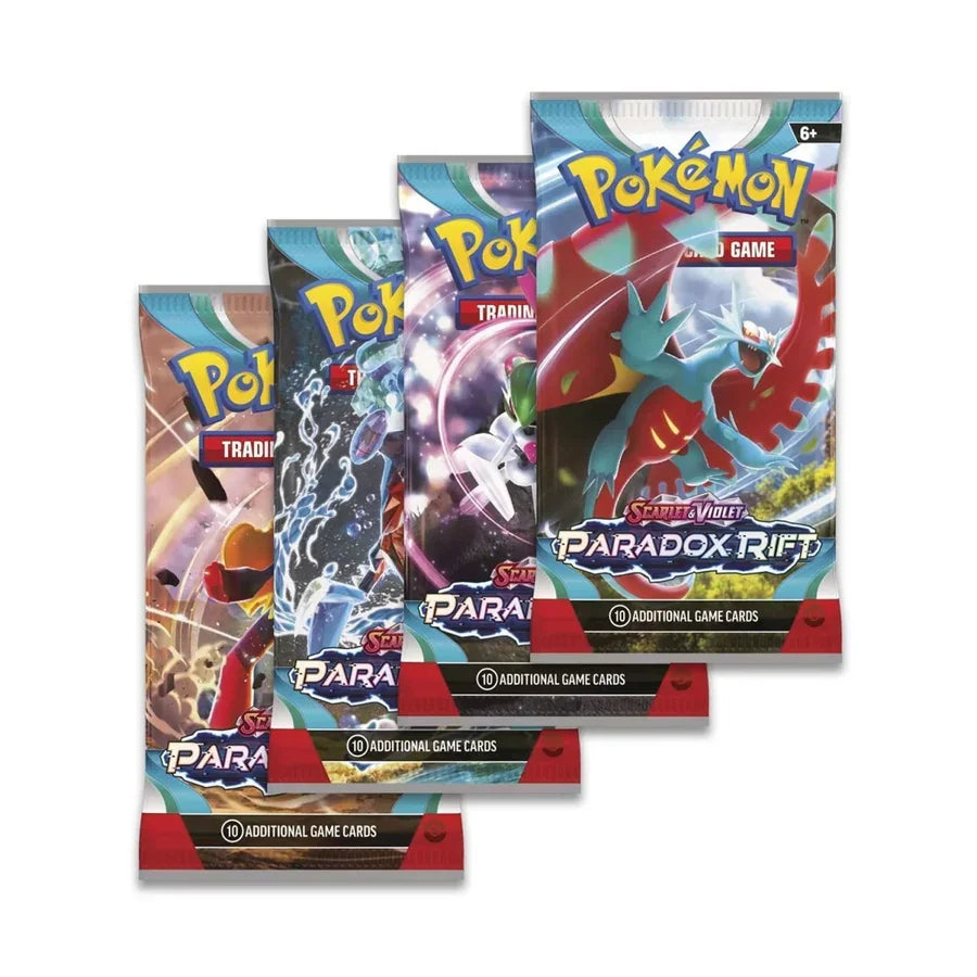 Three Paradox Rift Pokemon trading card booster packs laid out overlapping each other showing colourful artwork