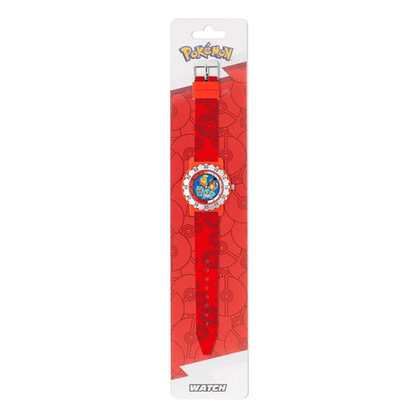 Pokemon Red Time Teacher Watch shown on long red Pokémon branded backing card