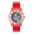 Pokemon Red Time Teacher Watch close front view with Bulbasaur, Squirtle, Charmander and Pikachu on the dial and numbered minute bezel