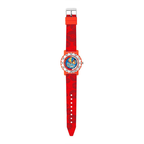Pokemon Red Time Teacher Watch full strap view with red printed silicone strap, buckle fastening and Pokémon character dial
