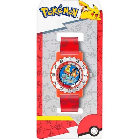 Pokemon Red Time Teacher Watch displayed in Pokémon retail packaging with Pikachu artwork and Poké Ball design