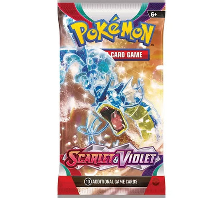 Pokémon Trading Card Game Scarlet and Violet booster pack showing a blue and gold illustrated creature, Pokémon logo at the top, Scarlet and Violet logo, 6 plus age mark, and 10 additional game cards text