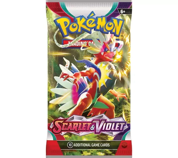 Pokémon Trading Card Game Scarlet and Violet booster pack featuring a red and blue illustrated creature with white feather like shapes, Pokémon logo at the top, Scarlet and Violet logo, 6 plus age mark, and 10 additional game cards text