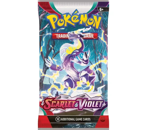 Pokémon Trading Card Game Scarlet and Violet booster pack showing a purple illustrated creature with lightning effects, Pokémon logo at the top, Scarlet and Violet logo, 6 plus age mark, and 10 additional game cards text