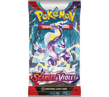Pokémon Trading Card Game Scarlet and Violet booster pack showing a purple illustrated creature with lightning effects, Pokémon logo at the top, Scarlet and Violet logo, 6 plus age mark, and 10 additional game cards text
