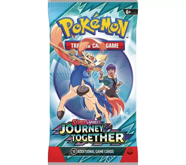 Pokémon Trading Card Game Scarlet and Violet Journey Together booster pack showing a blue creature with a trainer behind, Pokémon logo, 10 additional game cards text, on a white background