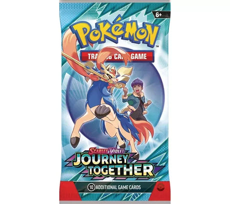 Pokémon Trading Card Game Scarlet and Violet Journey Together booster pack showing a blue creature with a trainer behind, Pokémon logo, 10 additional game cards text, on a white background