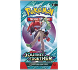 Pokémon Trading Card Game Scarlet and Violet Journey Together booster pack showing a trainer with a red and black creature, Pokémon logo, 10 additional game cards text, on a white background