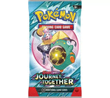 Pokémon Trading Card Game Scarlet and Violet Journey Together booster pack featuring a trainer with a green round creature, Pokémon logo, 10 additional game cards text, on a white background